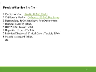 Product/Service Profile :
1.Cardiovascular : Atorlip 10 MG Tablet
2 Childerns’s Health : Cefoprox 100 MG Dry Syrup
3 Dermatology & Cosmetology : FourDerm cream
4 Diabetes : Metfor Tablet.
5 HIV/AIDS : Tenvir Tablet.
6 Hepatitis : Hepcvel Tablets
7 Infection Diseases & Critical Care : Terbicip Tablet
8 Malaria : Mosgard Tablet.
etc
P
r
a
c
t
o
P
r
a
c
t
o
8
 