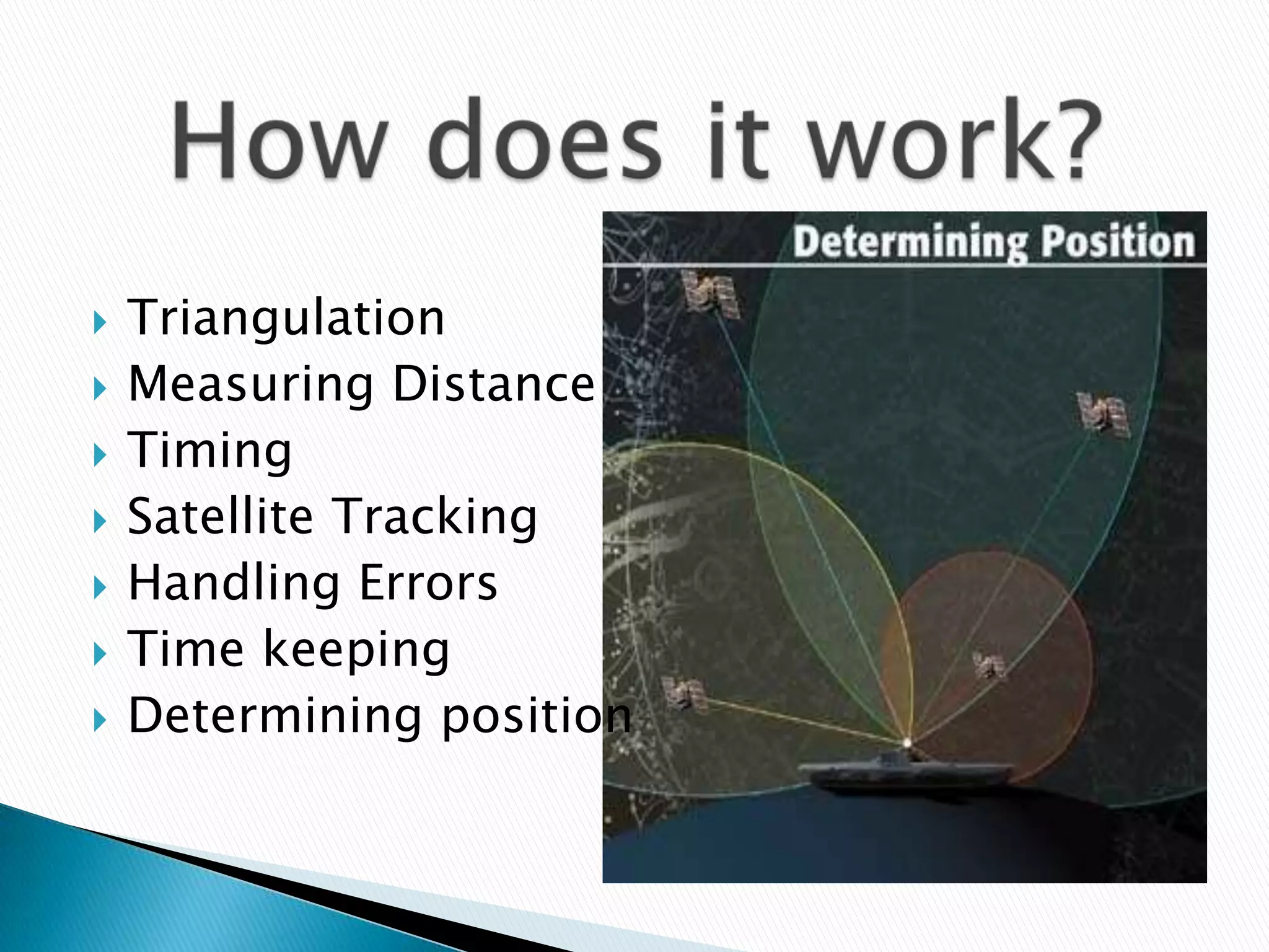  Triangulation
Measuring Distance
Timing
Satellite Tracking
Handling Errors
Time keeping
Determining position