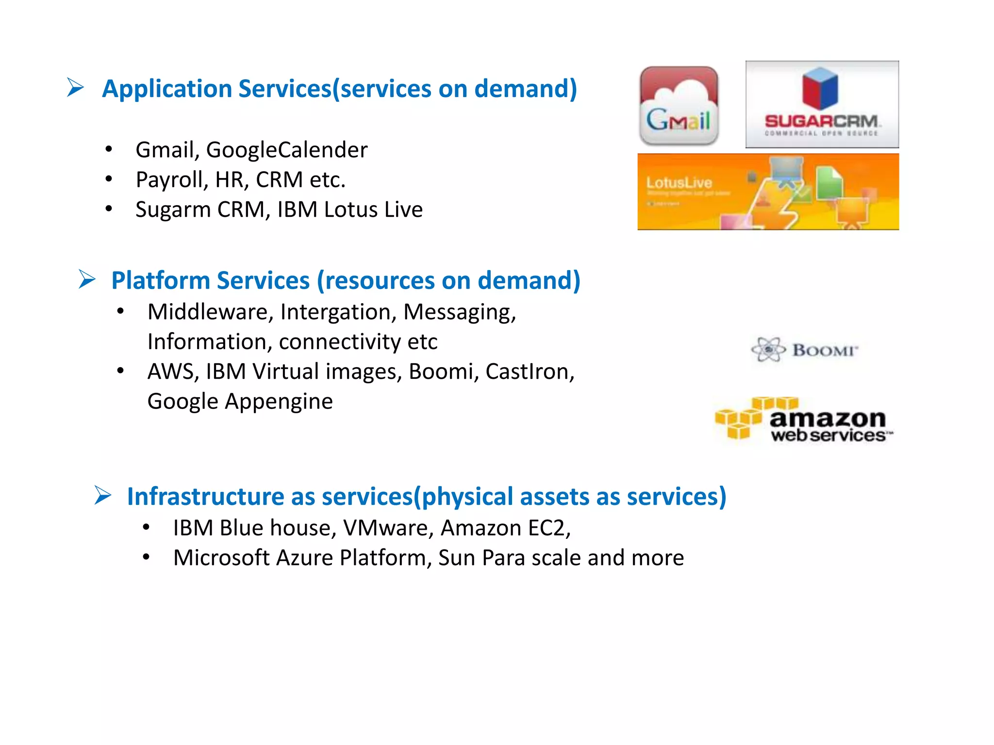  Application Services(services on demand)

   • Gmail, GoogleCalender
   • Payroll, HR, CRM etc.
   • Sugarm CRM, IBM Lotus Live

 Platform Services (resources on demand)
    • Middleware, Intergation, Messaging,
      Information, connectivity etc
    • AWS, IBM Virtual images, Boomi, CastIron,
      Google Appengine


   Infrastructure as services(physical assets as services)
      • IBM Blue house, VMware, Amazon EC2,
      • Microsoft Azure Platform, Sun Para scale and more
 