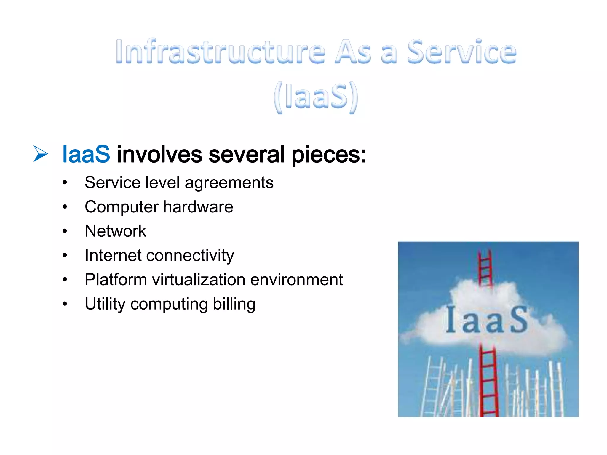  IaaS involves several pieces:
  •   Service level agreements
  •   Computer hardware
  •   Network
  •   Internet connectivity
  •   Platform virtualization environment
  •   Utility computing billing
 