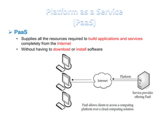  PaaS
  • Supplies all the resources required to build applications and services
    completely from the Internet
  • Without having to download or install software
 