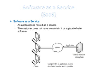  Software as a Service
   • An application is hosted as a service
   • The customer does not have to maintain it or support off-site
     software
 