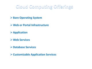  Bare Operating System

 Web or Portal Infrastructure

 Application

 Web Services

 Database Services

 Customizable Application Services
 