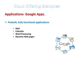 Applications- Google Apps.

 Prebuilt, fully functional applications

       •   Mail
       •   Calendar
       •   Word Processing
       •   Dynamic Web pages
 