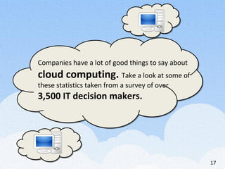 Companies have a lot of good things to say about
cloud computing. Take a look at some of
these statistics taken from a sur...