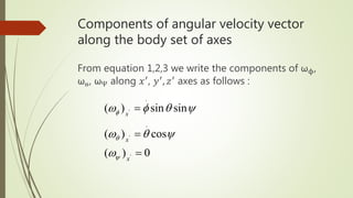 Components of angular velocity vector
along the body set of axes
From equation 1,2,3 we write the components of ωϕ,
ωѳ, ωѰ along 𝑥′, 𝑦′, 𝑧′ axes as follows :
0)(
cos)(
sinsin)(
'
'
'
.
.



x
x
x






 