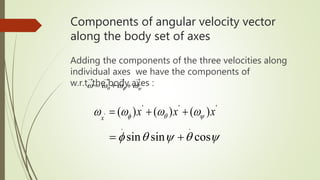 Components of angular velocity vector
along the body set of axes
Adding the components of the three velocities along
individual axes we have the components of
w.r.t. the body axes :

  
'''
)()()(' xxxx   
 cossinsin
..

 