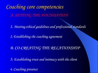 Coaching core competencies A. SETTING THE FOUNDATION  1.  Meeting ethical guidelines and professional standards  2. Establishing the coaching agreement   B. CO-CREATING THE RELATIONSHIP  3.  Establishing trust and intimacy with the client 4. Coaching presence   