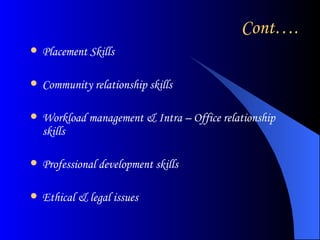 Cont…. Placement Skills Community relationship skills Workload management & Intra – Office relationship skills Professional development skills Ethical & legal issues 