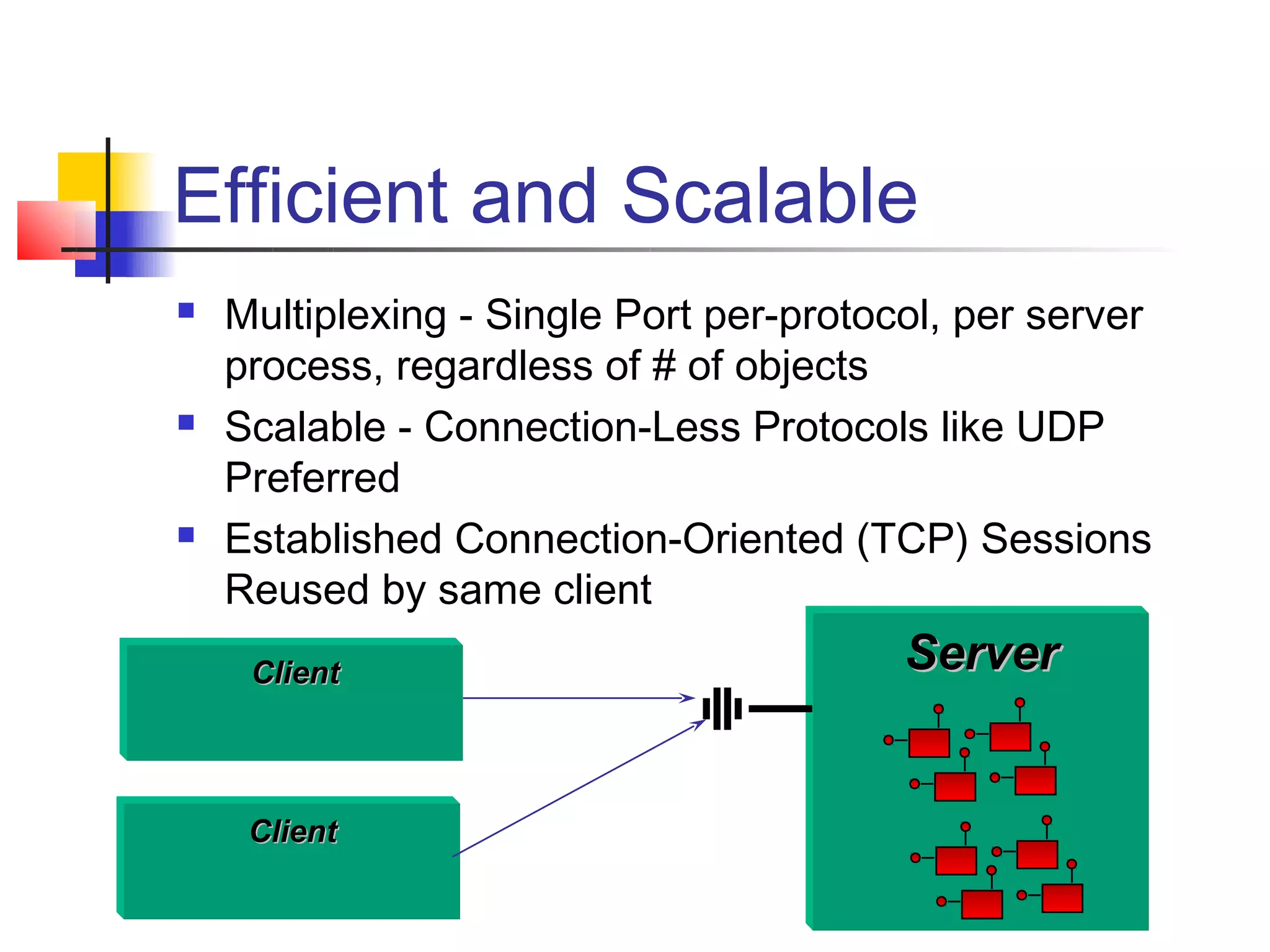 Efficient and Scalable
   Multiplexing - Single Port per-protocol, per server
    process, regardless of # of objects
   Scalable - Connection-Less Protocols like UDP
    Preferred
   Established Connection-Oriented (TCP) Sessions
    Reused by same client
     Client                              Server


     Client
 