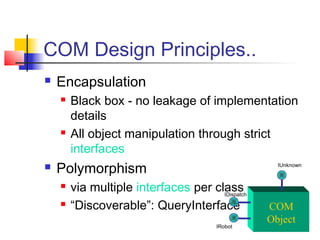 COM Design Principles..
   Encapsulation
       Black box - no leakage of implementation
        details
       All object manipulation through strict
        interfaces
   Polymorphism                                    IUnknown



       via multiple interfaces per class
                                      IDispatch
       “Discoverable”: QueryInterface            COM
                                                  Object
                                        IRobot
 
