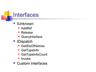 Interfaces
   IUnknown
       AddRef
       Release
       QueryInterface
   IDispatch
       GetIDsOfNames
       GetTypeInfo
       GetTypeInfoCount
       Invoke
   Custom Interfaces
 