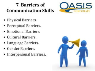 7 Barriers of
Communication Skills
• Physical Barriers.
• Perceptual Barriers.
• Emotional Barriers.
• Cultural Barriers.
• Language Barriers.
• Gender Barriers.
• Interpersonal Barriers.
 