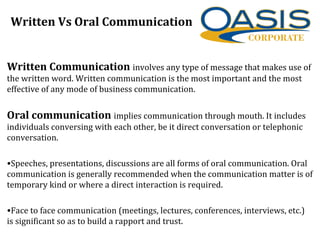 Written Vs Oral Communication
Written Communication involves any type of message that makes use of
the written word. Written communication is the most important and the most
effective of any mode of business communication.
Oral communication implies communication through mouth. It includes
individuals conversing with each other, be it direct conversation or telephonic
conversation.
•Speeches, presentations, discussions are all forms of oral communication. Oral
communication is generally recommended when the communication matter is of
temporary kind or where a direct interaction is required.
•Face to face communication (meetings, lectures, conferences, interviews, etc.)
is significant so as to build a rapport and trust.
 