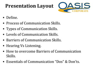 Presentation Layout
• Define.
• Process of Communication Skills.
• Types of Communication Skills.
• Levels of Communication Skills.
• Barriers of Communication Skills.
• Hearing Vs Listening.
• How to overcome Barriers of Communication
Skills.
• Essentials of Communication “Dos” & Don’ts.
 