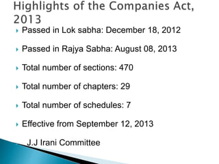  Passed in Lok sabha: December 18, 2012
 Passed in Rajya Sabha: August 08, 2013
 Total number of sections: 470
 Total number of chapters: 29
 Total number of schedules: 7
 Effective from September 12, 2013
 J.J Irani Committee
 