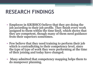 RESEARCH FINDINGS

• Employee in KRIBHCO believe that they are doing the
  job according to their job profile. They finish every work
  assigned to them within the time limit, which shows that
  they are competent, though many of them need guidance
  from their superiors sometimes.

• Few believe that they need training to perform their job
  which is contradicting to their competency level, since
  the type of type of work they were performing at the time
  of their joining and today have changed.

• Many admitted that competency mapping helps them to
  do manpower planning.
 