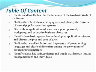 Table Of Content
1. Identify and briefly describe the functions of the two basic kinds of
software
2. Outline the role of the operating system and identify the features
of several popular operating systems
3. Discuss how application software can support personal,
workgroup, and enterprise business objectives
4. Identify three basic approaches to developing application software
and discuss the pros and cons of each
5. Outline the overall evolution and importance of programming
languages and clearly differentiate among the generations of
programming languages
6. Identify several key software issues and trends that have an impact
on organizations and individuals
 