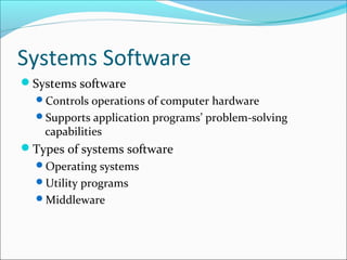 Systems Software
Systems software
Controls operations of computer hardware
Supports application programs’ problem-solving
capabilities
Types of systems software
Operating systems
Utility programs
Middleware
 
