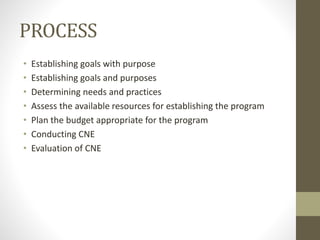 PROCESS
• Establishing goals with purpose
• Establishing goals and purposes
• Determining needs and practices
• Assess the available resources for establishing the program
• Plan the budget appropriate for the program
• Conducting CNE
• Evaluation of CNE
 