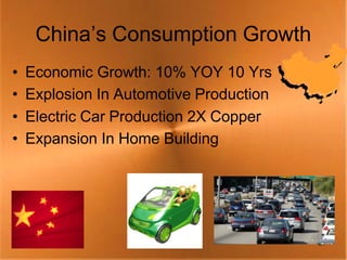 China’s Consumption Growth
•   Economic Growth: 10% YOY 10 Yrs
•   Explosion In Automotive Production
•   Electric Car Production 2X Copper
•   Expansion In Home Building




                                         27
 