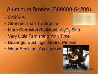 Aluminum Bronze (C60600-64200)
•   5-12% Al
•   Stronger Than Tin Bronze
•   More Corrosion Resistant: Al2O3 Skin
•   Very Little Tarnishing With Time
•   Bearings, Bushings, Gears, Pinions
•   Wear Resistant Applications



                                           44
 