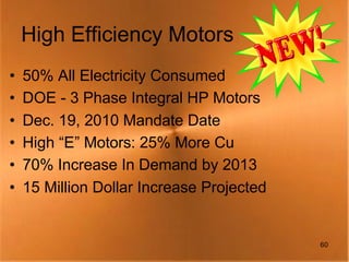 High Efficiency Motors
•   50% All Electricity Consumed
•   DOE - 3 Phase Integral HP Motors
•   Dec. 19, 2010 Mandate Date
•   High “E” Motors: 25% More Cu
•   70% Increase In Demand by 2013
•   15 Million Dollar Increase Projected


                                           60
 