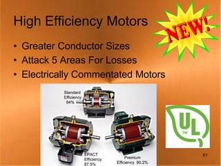 High Efficiency Motors
• Greater Conductor Sizes
• Attack 5 Areas For Losses
• Electrically Commentated Motors




                                    61
 