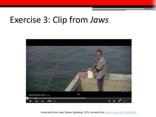 Exercise 3: Clip from Jaws
Screenshot from Jaws; Steven Spielberg, 1975; retrieved from https://youtu.be/2I91DJZKRxs
 