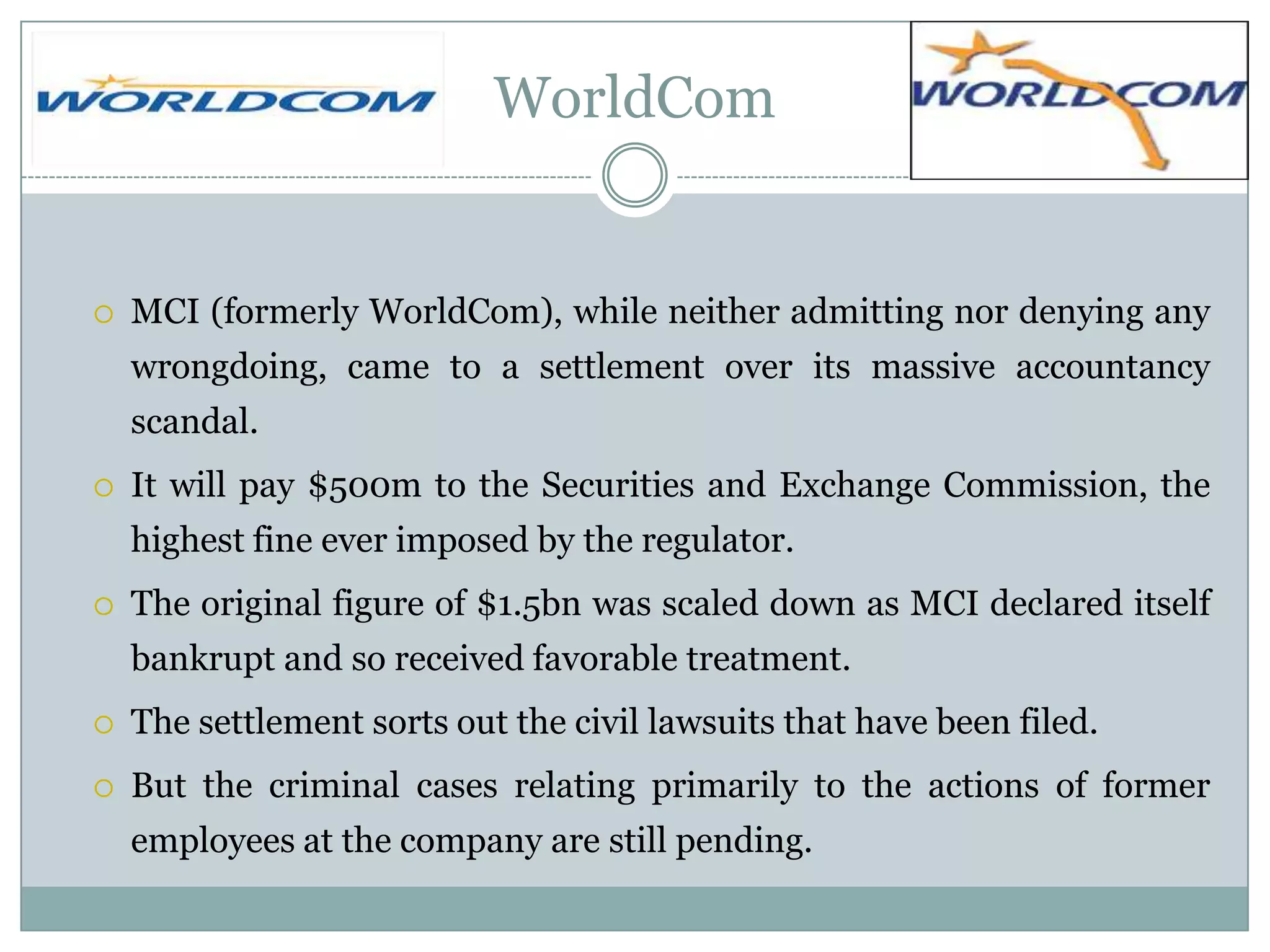 WorldCom



MCI (formerly WorldCom), while neither admitting nor denying any
wrongdoing, came to a settlement over its massive accountancy
scandal.



It will pay $500m to the Securities and Exchange Commission, the

highest fine ever imposed by the regulator.


The original figure of $1.5bn was scaled down as MCI declared itself
bankrupt and so received favorable treatment.



The settlement sorts out the civil lawsuits that have been filed.



But the criminal cases relating primarily to the actions of former
employees at the company are still pending.

 