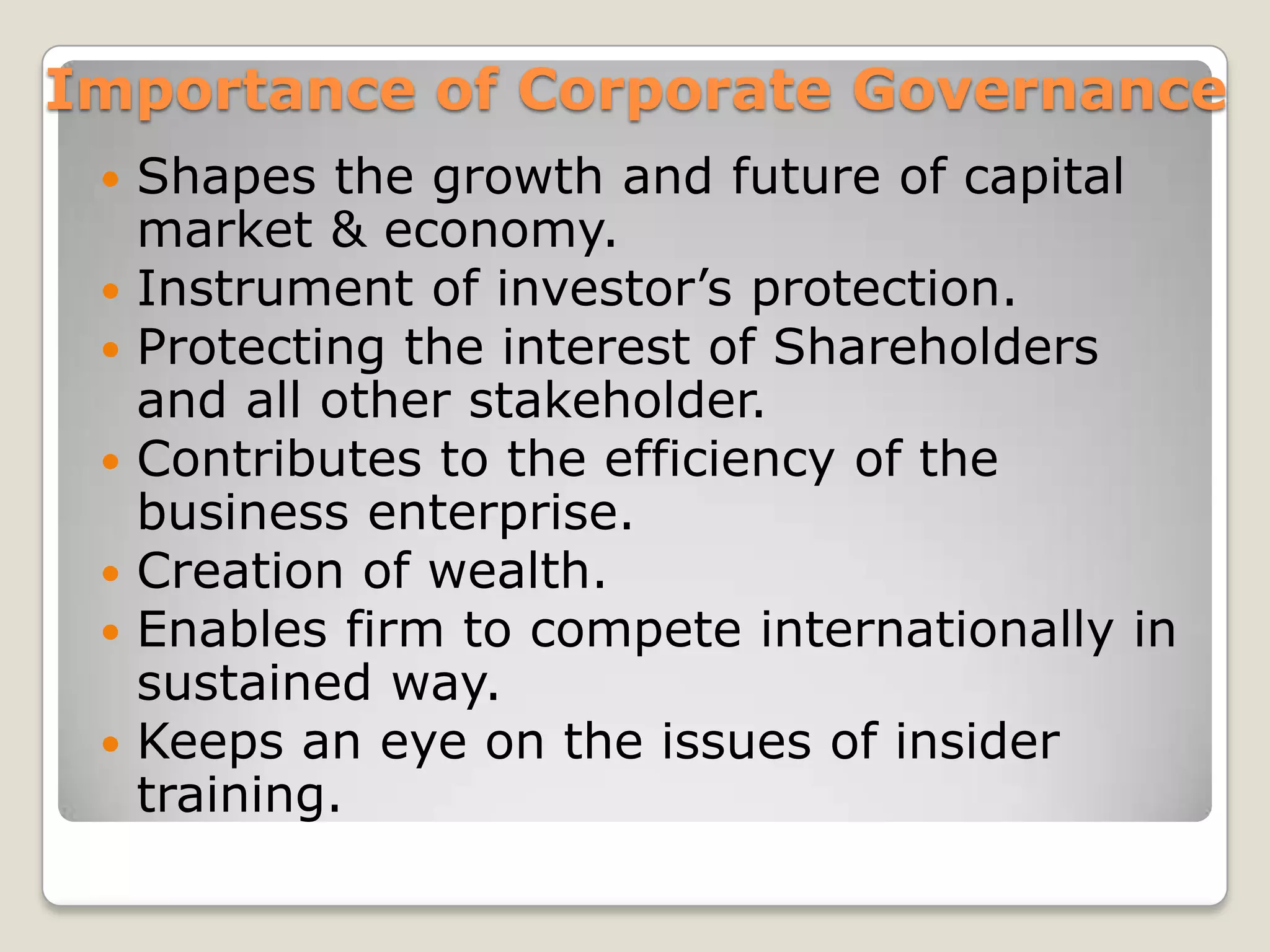 Board ResponsibilitiesMonitor and evaluate corporate performance.Monitor and evaluate corporate strategy.Determine executive compensation.Evaluate senior management performance.Communicate with share holders.Evaluate board performance.Manage Executive Director/CEO succession.
