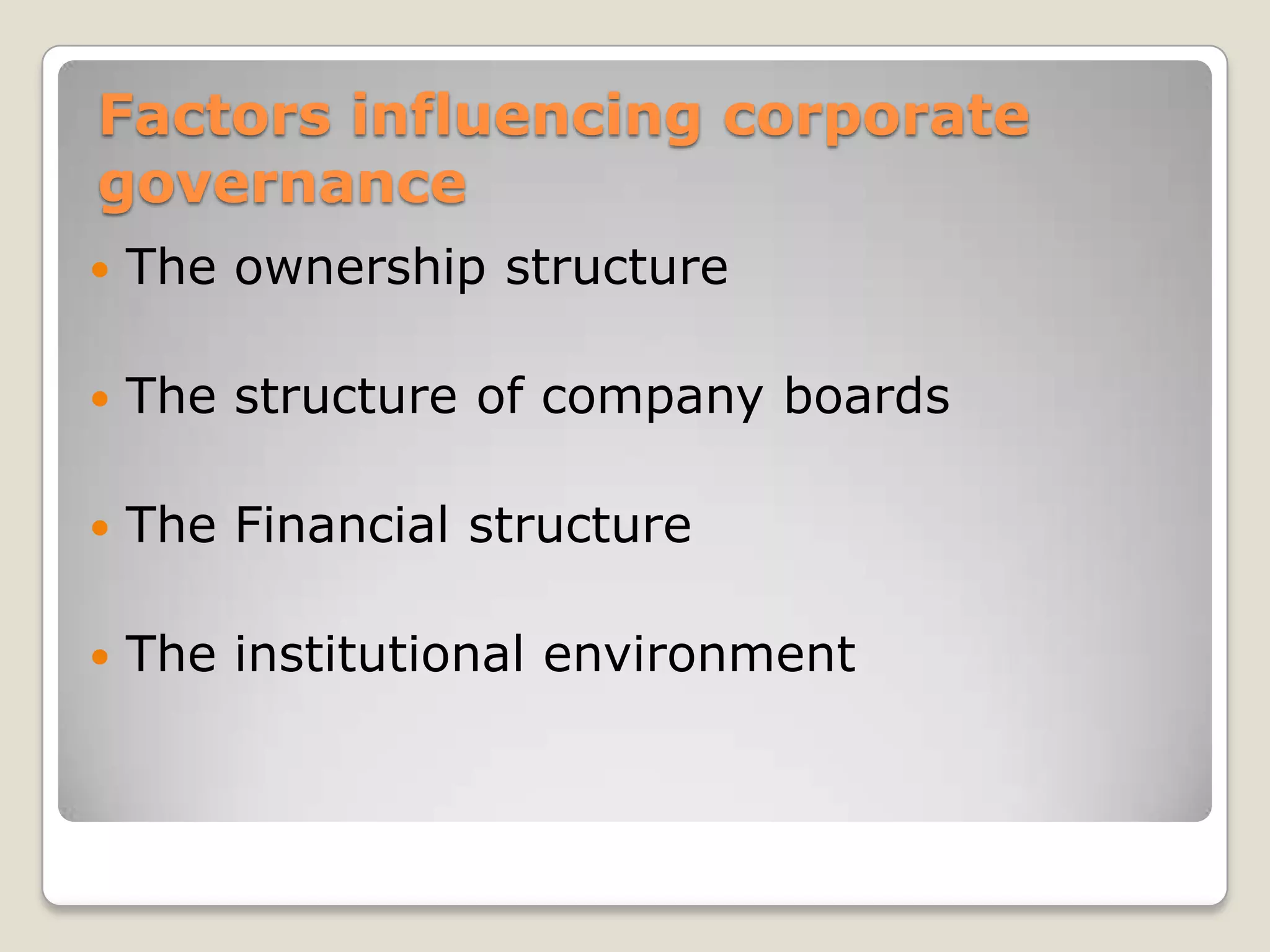 Measures to improve Corporate Conduct	The measures that were suggested for improving corporate conduct included:Improving financial disclosure norms.Making relevant nonfinancial disclosure mandatory.Making the management more accountable towards fulfilling its responsibility to society at large.Changing the composition and functioning of company boards with greater proportion of competent non executive director.Suggesting ways of effective involvement of institutional investors in the management and conduct of the affair of a company.Facilitating free play of market forces in securing a change of management.