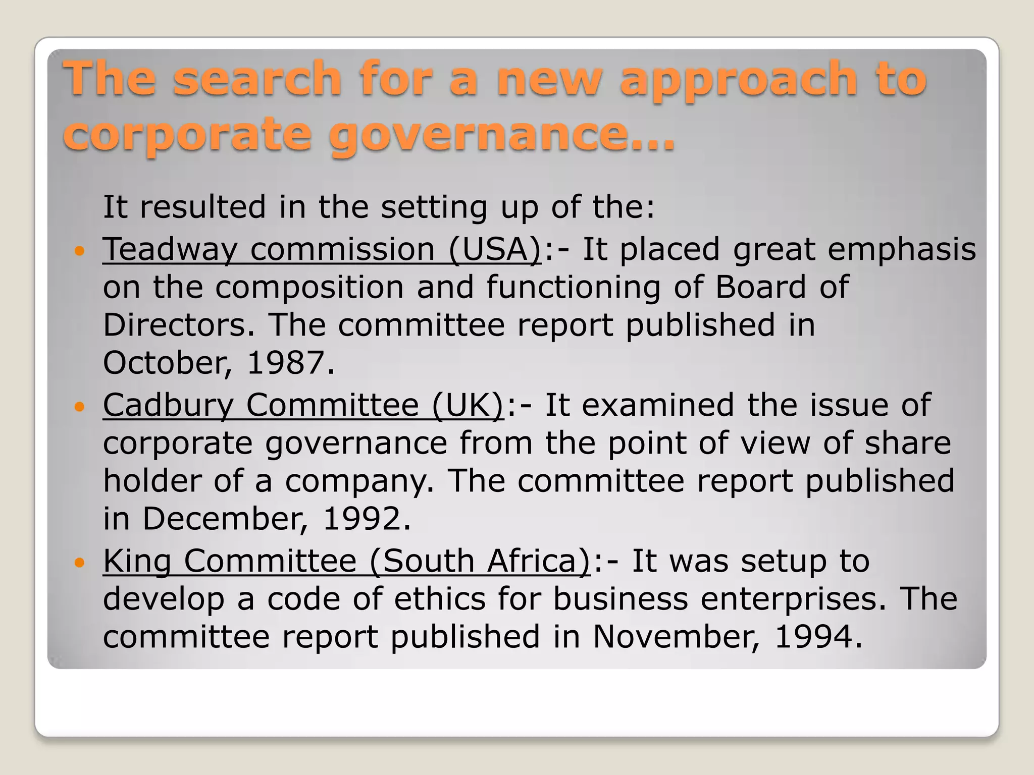Code of Conduct for corporate governance…	SEBI prescribes that there should be a conduct for board of directors. While drafting the code of conduct for corporate governance for the entire corporate sector following aspects can be kept in view:Prescribing of ethical values which are universally acceptable.Ensuring transparency in functioning.Encouraging discipline.Avoiding conflict of interest.Respecting one another.Loyalty to the organization.Providing motivation.Providing of requisite incentives for efficient and effective functioning.