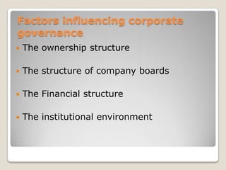 Measures to improve Corporate Conduct	The measures that were suggested for improving corporate conduct included:Improving financial disclosure norms.Making relevant nonfinancial disclosure mandatory.Making the management more accountable towards fulfilling its responsibility to society at large.Changing the composition and functioning of company boards with greater proportion of competent non executive director.Suggesting ways of effective involvement of institutional investors in the management and conduct of the affair of a company.Facilitating free play of market forces in securing a change of management.