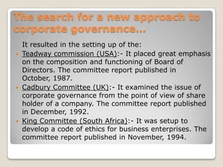 Code of Conduct for corporate governance…	SEBI prescribes that there should be a conduct for board of directors. While drafting the code of conduct for corporate governance for the entire corporate sector following aspects can be kept in view:Prescribing of ethical values which are universally acceptable.Ensuring transparency in functioning.Encouraging discipline.Avoiding conflict of interest.Respecting one another.Loyalty to the organization.Providing motivation.Providing of requisite incentives for efficient and effective functioning.