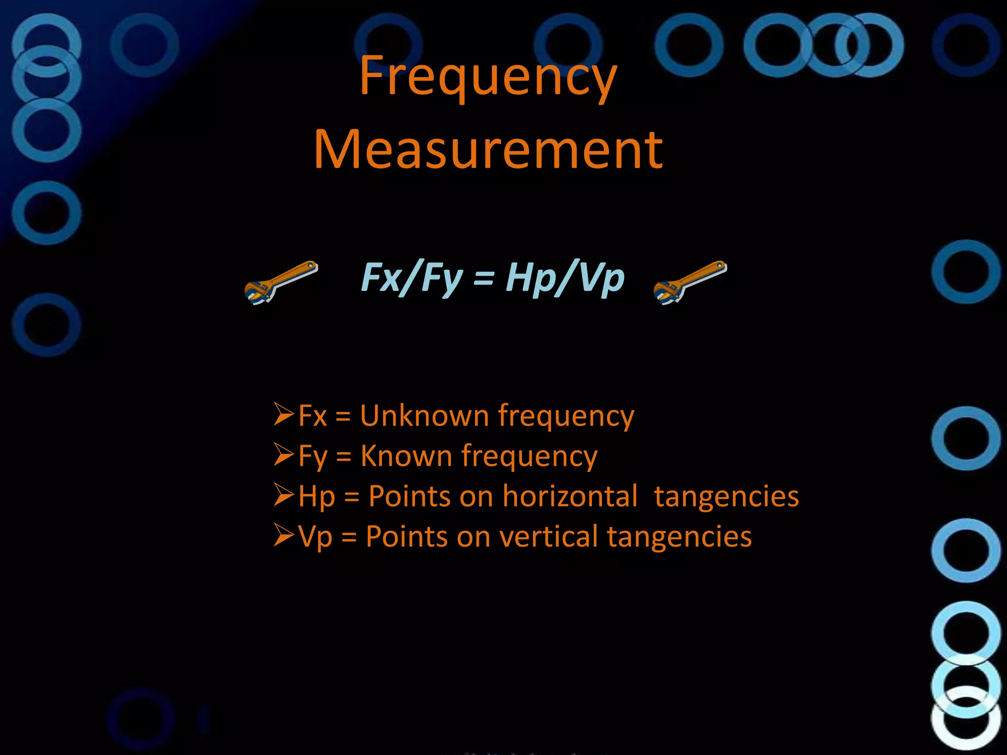 Frequency
  Measurement
      Fx/Fy = Hp/Vp


Fx = Unknown frequency
Fy = Known frequency
Hp = Points on horizontal tangencies
Vp = Points on vertical tangencies
 