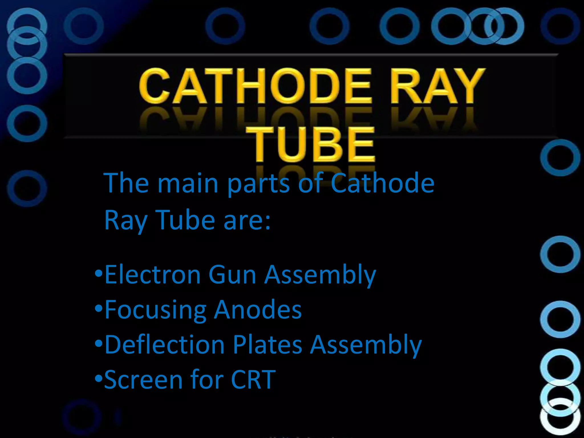 The main parts of Cathode
Ray Tube are:
•Electron Gun Assembly
•Focusing Anodes
•Deflection Plates Assembly
•Screen for CRT
 
