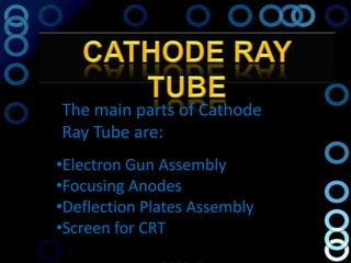 The main parts of Cathode
Ray Tube are:
•Electron Gun Assembly
•Focusing Anodes
•Deflection Plates Assembly
•Screen for CRT
 
