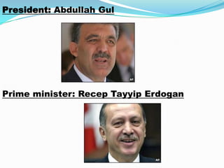 President: Abdullah Gul




Prime minister: Recep Tayyip Erdogan
 
