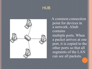 HUB
A common connection
point for devices in
a network. Ahub
contains
multiple ports. When
a packet arrives at one
port, it is copied to the
other ports so that all
segments of the LAN
can see all packets.
 
