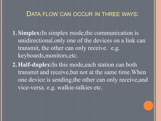 DATA FLOW CAN OCCUR IN THREE WAYS:
1. Simplex:In simplex mode,the communication is
unidirectional.only one of the devices on a link can
transmit, the other can only receive. e.g.
keyboards,monitors,etc.
2. Half-duplex:In this mode,each station can both
transmit and receive,but not at the same time.When
one device is sending,the other can only receive,and
vice-versa. e.g. walkie-talkies etc.
 