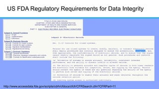 US FDA Regulatory Requirements for Data Integrity
http://www.accessdata.fda.gov/scripts/cdrh/cfdocs/cfcfr/CFRSearch.cfm?CFRPart=11
 
