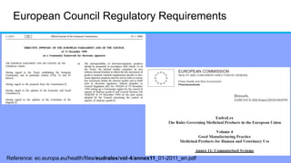 European Council Regulatory Requirements
Reference: ec.europa.eu/health/files/eudralex/vol-4/annex11_01-2011_en.pdf
 