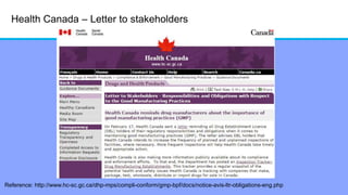 Health Canada – Letter to stakeholders
Reference: http://www.hc-sc.gc.ca/dhp-mps/compli-conform/gmp-bpf/docs/notice-avis-ltr-obligations-eng.php
 