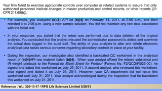 Your firm failed to exercise appropriate controls over computer or related systems to assure that only
authorized personnel institute changes in master production and control records, or other records (21
CFR 211.68(b)).
• For example, you analyzed (b)(4) API lot (b)(4) on February 14, 2011, at 2:55 a.m., and then
retested it at 2:05 p.m. using a new sample solution. You did not maintain any raw data associated
with the initial test.
• In your response, you stated that the retest was performed due to data deletion of the original
analysis. You concluded that the analyst misused the administrator password to delete and overwrite
the actual data logged in the audit trail. The ability of your analysts to alter and delete electronic
analytical data raises serious concerns regarding laboratory controls in place at your facility.
• During the inspection, our investigator also identified a backdated QC worksheet in the analytical
report of (b)(4)API raw material batch (b)(4). When your analyst affixed the related substance and
IR weight printouts to the Format for Blank Sheet for Printout (Format No. F2/QCD/F/026-00), he
signed and dated this worksheet as July 29, 2011. A second analyst, who reviewed this worksheet,
also signed and dated it as July 29, 2011. However, your QA department did not issue this
worksheet until July 31, 2011. Your analyst acknowledged during the inspection that he backdated
this worksheet on July 31, 2011.
Reference : WL: 320-13-17 / RPG Life Sciences Limited 5/28/13
 