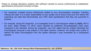 Failure to manage laboratory systems with sufficient controls to ensure conformance to established
specifications and prevent omission of data.
• Our inspection revealed serious deficiencies related to your documentation practices, including
missing raw data. It is a basic responsibility of your quality unit to ensure that your firm retains the
supporting raw data that demonstrates your APIs meet specifications that they are purported to
possess.
• For example, during the inspection, our investigator found a chromatogram related to (b)(4), API in
the trash, dated October 15, 2013, which reported an additional chromatographic peak when
compared to the standard. During the inspection, your firm stated that the analyst discarded the
chromatogram because it was present in the blank injection. However, the analyst was unable to
retrieve the blank chromatogram from the system because it was overwritten by a subsequent
injection.
Reference : WL: 320-15-04 / Novacyl Wuxi Pharmaceutical Co., Ltd. 12/19/14
 