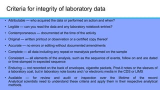 Criteria for integrity of laboratory data
• Attributable — who acquired the data or performed an action and when?
• Legible — can you read the data and any laboratory notebook entries?
• Contemporaneous — documented at the time of the activity
• Original — written printout or observation or a certified copy thereof
• Accurate — no errors or editing without documented amendments
• Complete — all data including any repeat or reanalysis performed on the sample
• Consistent — all elements of the analysis, such as the sequence of events, follow on and are dated
or time stamped in expected sequence
• Enduring — not recorded on the back of envelopes, cigarette packets, Post-it notes or the sleeves of
a laboratory coat, but in laboratory note books and / or electronic media in the CDS or LIMS
• Available — for review and audit or inspection over the lifetime of the record
Analytical scientists need to understand these criteria and apply them in their respective analytical
methods.
 