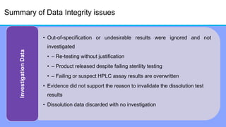 Summary of Data Integrity issues
• Out-of-specification or undesirable results were ignored and not
investigated
• – Re-testing without justification
• – Product released despite failing sterility testing
• – Failing or suspect HPLC assay results are overwritten
• Evidence did not support the reason to invalidate the dissolution test
results
• Dissolution data discarded with no investigation
InvestigationData
 