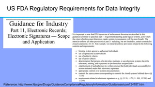 US FDA Regulatory Requirements for Data Integrity
Reference: http://www.fda.gov/Drugs/GuidanceComplianceRegulatoryInformation/Guidances/ucm124787.htm
 