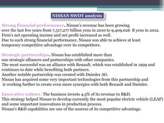 Strong financial performance. Nissan’s revenue has been growing
over the last few years from 7,517,277 billion yens in 2010 to 9,409,026 B yens in 2012.
Firm’s net operating income and net profit increased as well.
Due to such strong financial performance, Nissan was able to achieve at least
temporary competitive advantage over its competitors.
Strategic partnerships. Nissan has established more than
one strategic alliances and partnerships with other companies.
The most successful was an alliance with Renault, which was established in 1999 and
continues to date while benefiting both partners.
Another notable partnership was created with Daimler AG.
Nissan has acquired some very important technologies from this partnership and
is working further to create even more synergies with both Renault and Daimler.
Innovative culture. The business invests 4.5% of its revenue to R&D.
This strategy helped Nissan to develop currently the most popular electric vehicle (LEAF)
and some important innovations in production process.
Nissan’s R&D capabilities are one of the sources of its competitive advantage.
NISSAN SWOT analysis
 